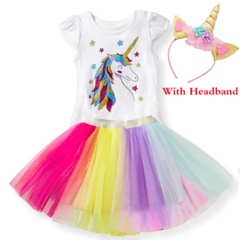 with headband Платье с единорогом для девочек возрастом от 3 до 8 лет, новогодняя праздничная одежда Детские разноцветные Бальные платья принцессы до колена без крыльев - Цвет: with headband