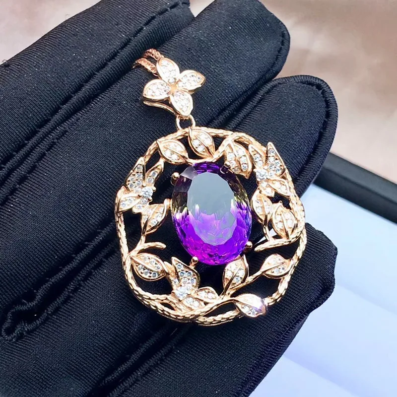 Аметрин ожерелье кулон 6.5ct драгоценный камень 925 серебро цветок стиль ювелирные изделия# J91091