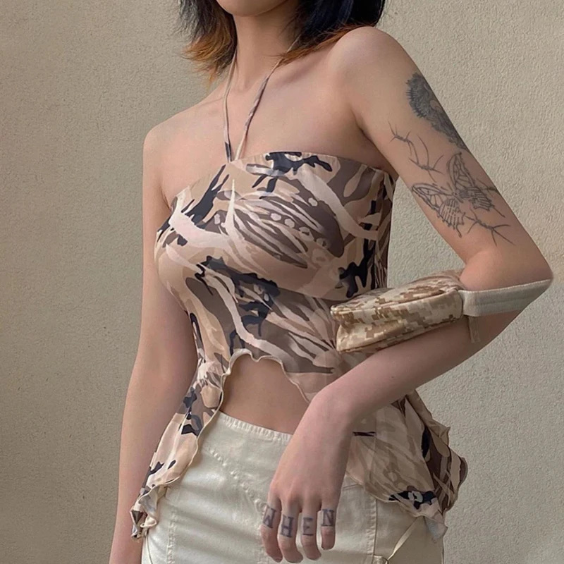 

Women's Summer Sexy Halter Camisole Fashion Camouflage Bare Navel Halter Tube Top Short Top Fashion Hot Sale 2020