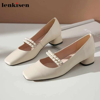 

Lenkisen elegant pearl decorations solid genuine leather Mary janes shoes square toe med heels slip on beauty lady new pumps L08
