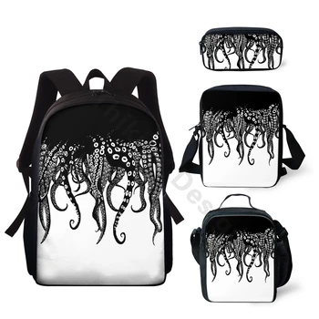 

THIKIN Black Octopus Print White 15inch Backpack for Boys Student Daypack Teenager Schoolbag Set Child Book Bag Custom Mochila