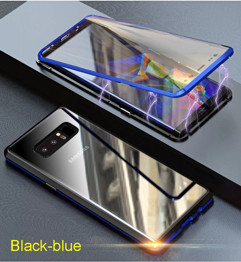 Black-blue Luphie 360 Полный обертывающийся Магнитный чехол для samsung Note 9 8 Чехол 9H закаленное стекло чехол для телефона samsung Galaxy Note 8 Note 9 чехол - Цвет: Black-blue