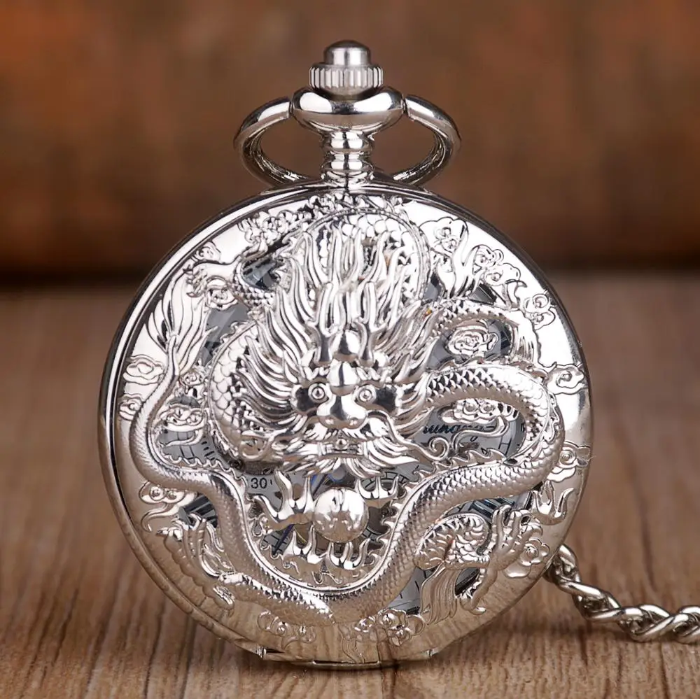 

5pcs Dragon Laser Engraved Mechanical Pocket Watch Pendant Animal Hand Winding Men Fob Watches with Chain Gift Clock