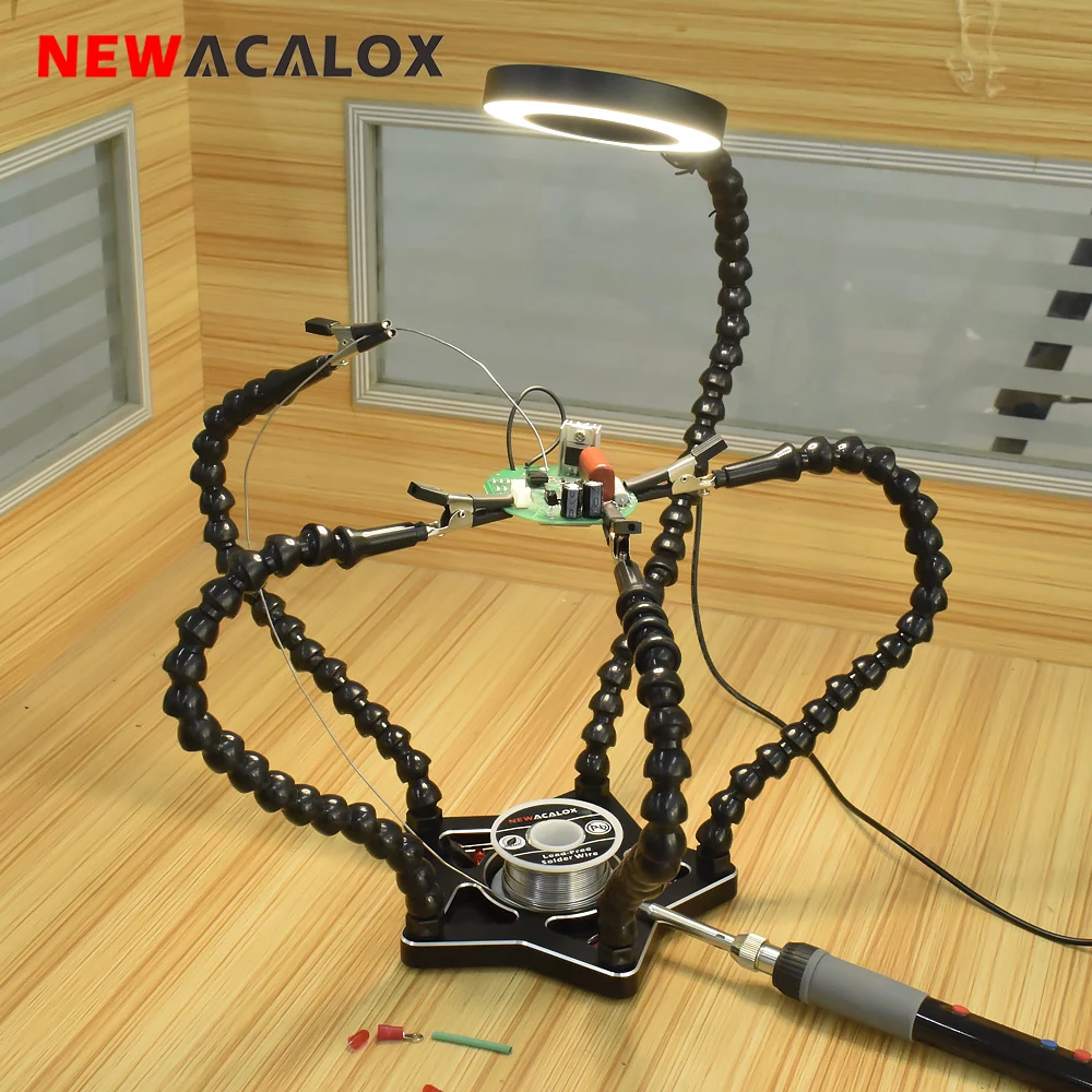 

NEWACALOX Soldering PCB Holder 5Pcs Flexible Helping Hands 3X USB Magnifying Glass Table Lamp Soldering Station DIY Welding Tool