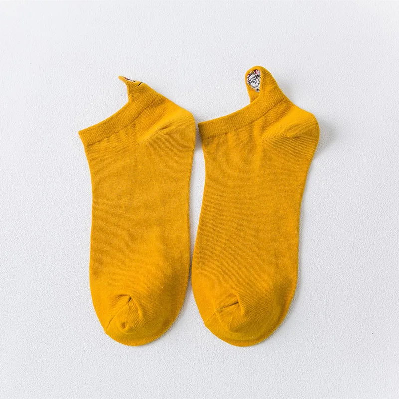 Kawaii, женские носки, счастливые, модные, до лодыжки, забавные Женские носочки, хлопковые, с вышивкой, яркие цвета, 1 пара, Прямая поставка - Color: Yellow