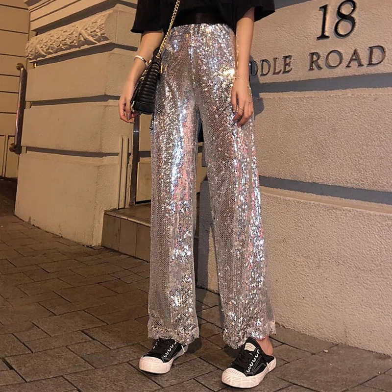 

2019 Summer Fashion Streetwear Women Night Stadium Sequined Bulling Flash Beads Loose Leisure Wide Legs Long Pants
