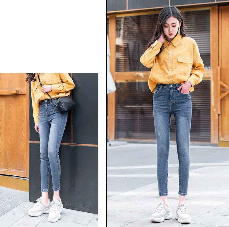 Retro Female Jeans Female Solid Straight Pant Ankle-Length Jeans Casual Button Fly Pencil High Waist Light Jean Spring Wear