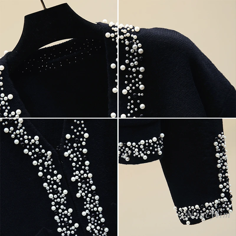 Black Cardigan Woman Autumn Beaded V-neck Knitted