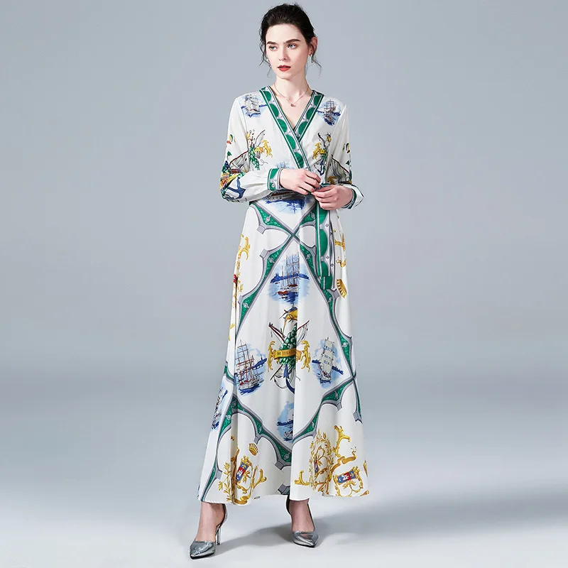 

Photo Shoot Holiday Fresh Elegant Swinging Skirt 2019 Spring And Summer New Style V-neck Floral Printed Dress