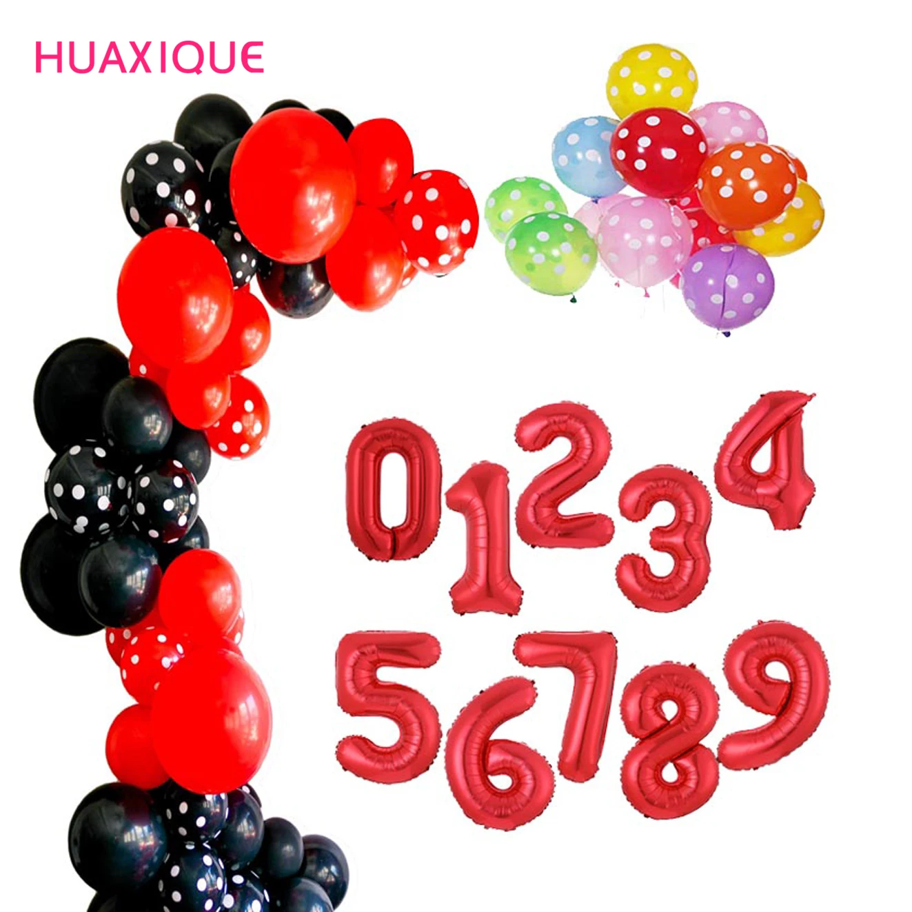 Minnie Birthday Party Decorations Black Red Multicolor Polka Dot Balloons 32'' 0-9 Number Balloon Strawberry Theme | Дом и сад