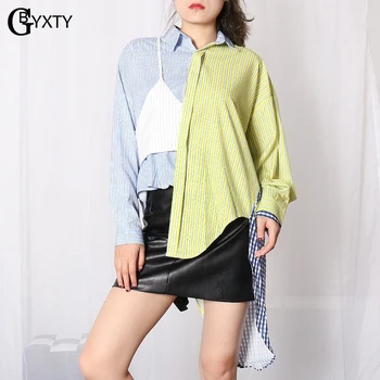 

GBYXTY Irregular Patchwork Oversize Runway Striped Shirts Womens Long Sleeve Turn Down Collar Plaid Shirts chemise mujer ZA2012