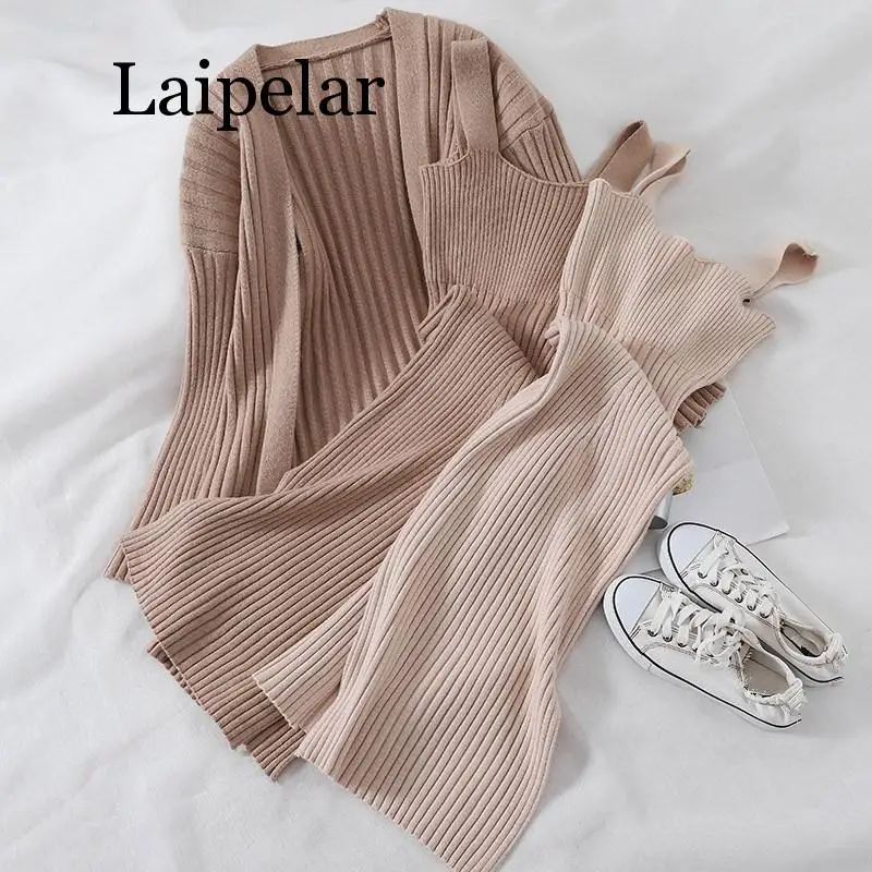 

Laipelar 2019 New Fashion Women Solid Two Piece Set Casual Elegant Loose Knit Cardigan Coat And Bodycon Dress Female Knitted Sui