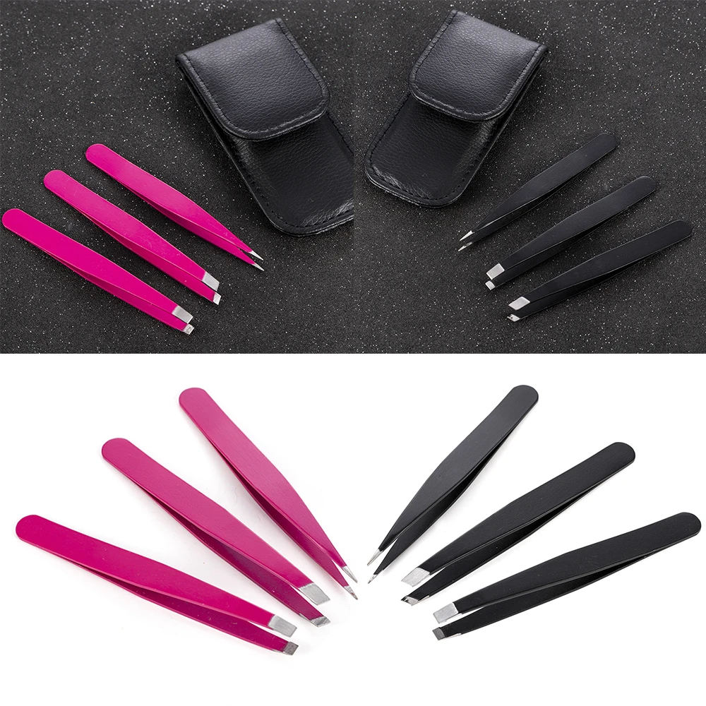 3 PCS/Set Eyebrow Tweezers Stainless Steel Point Tip/Slant Tip/Flat Tip Hair Removal Makeup Tools Accessory with Black Bag Case 2