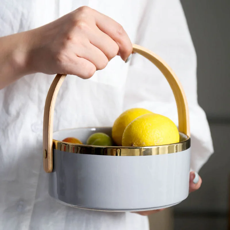 

Ceramic Fruit Plate Exquisite Bamboo Handle Nordic Style Fruit Basket Living Room Kitchen Snack Tray Coffee Table Snack Plate