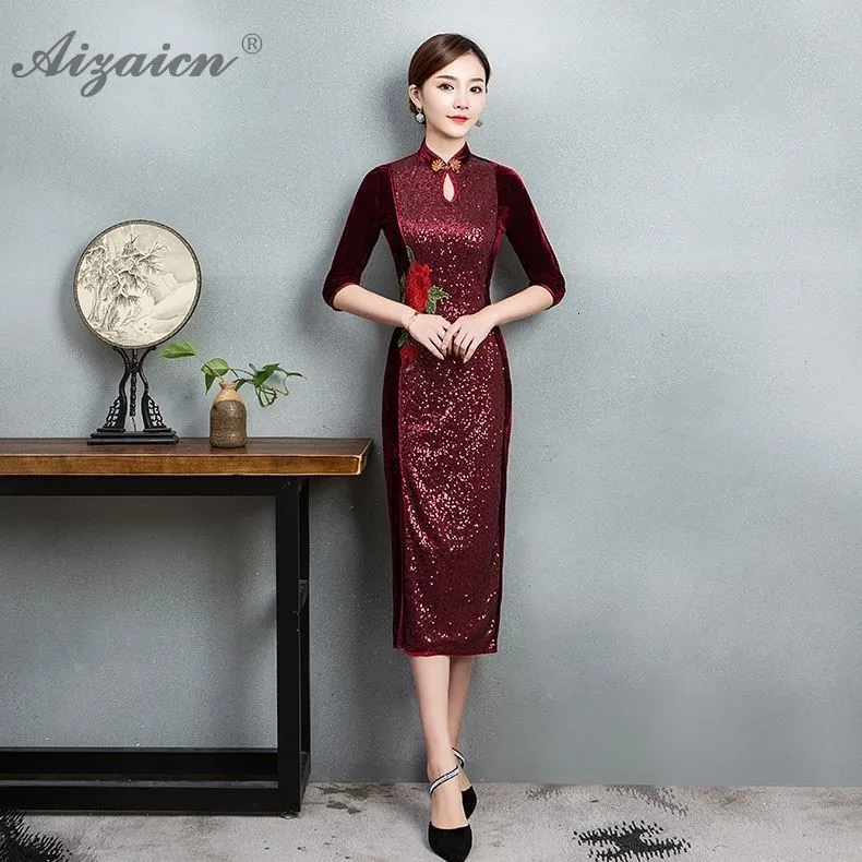 Модное бархатное свадебное Восточное вечернее платье Cheongsam, традиционная китайская одежда для женщин Chipao Qipao, Повседневное платье из золотой парчи