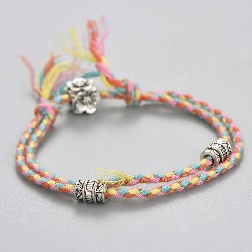 Bohemia Multicolor Rope Braided Bracelets& Bangles For Women Men Chic Tibetan Silver Flower Beads Bracelet Jewelry Wholesale