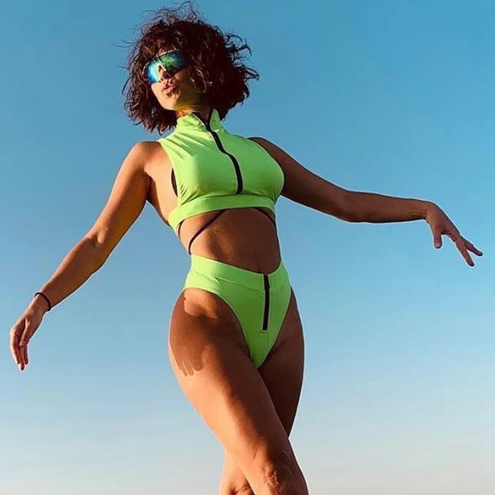 

May High Waist Bikini Swimsuit Women Neon Sexy Swimwear Female Push Up Swimming Suit for Women Zipper Bikinis 2020 Swim Mujer