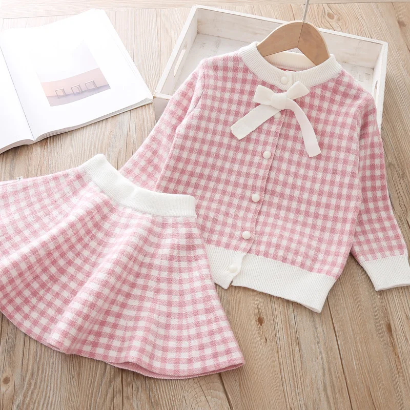 Осенний свитер для девочек, клетчатая куртка с длинными рукавами и юбка, комплект из 2 предметов, элегантная зимняя теплая куртка для принцессы