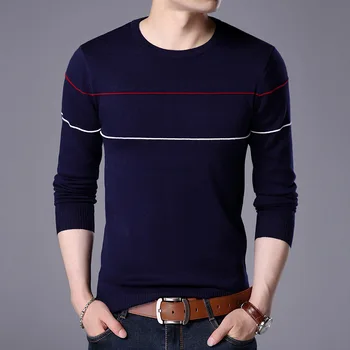 

2020 Autumn Men's New round Neck Striped Sweater Youth Long-Sleeved Bottoming Thin Casual Sweater