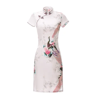 

Sexy Traditional Women Party Prom Dress Mini White Print Flower Cheongsam Plus Size 3XL Vestidso Vintage Short Sleeve Qipao