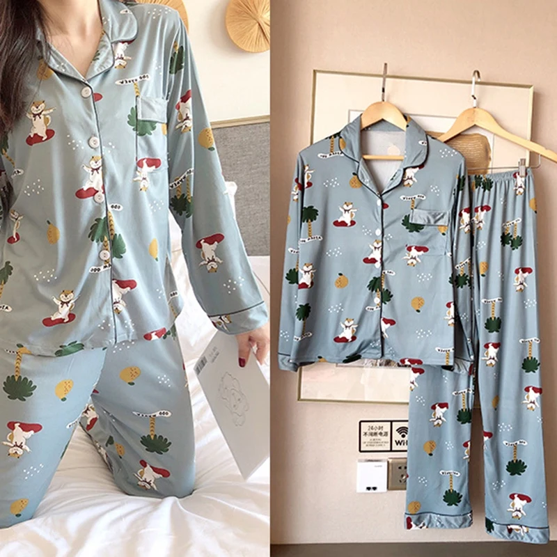 Women Pajamas Set Long-sleeved Cardigan Fashion Home Service Lapel Cartoon Fruit Print Shirt + Trousers M-2XL