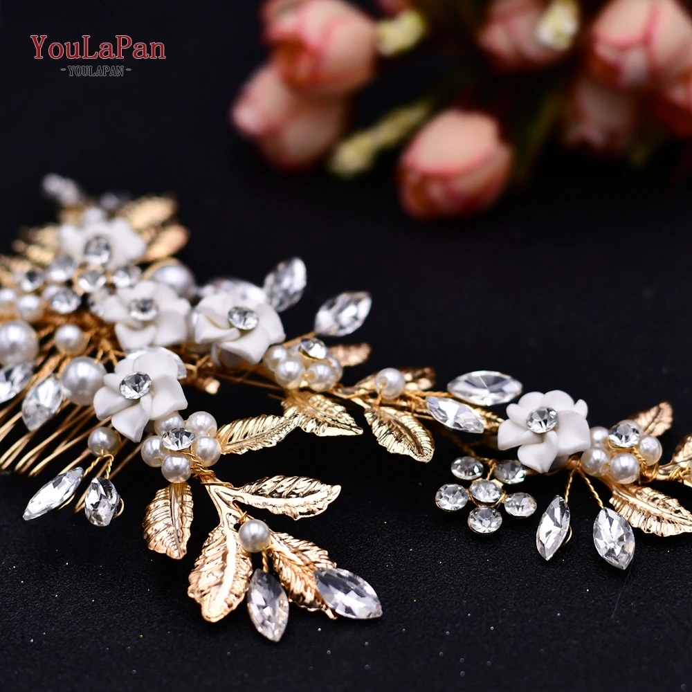 YouLaPan Gold Floral Wedding Hair Comb Bridal Crystal Pearls Headpiece Hair Accessories Bride Jewelry Women Clips HP368