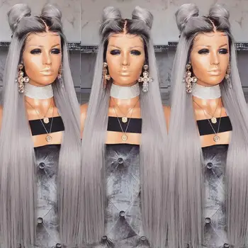 

26-28inches Ombre Grey Wig Middle Part Synthetic Super Long Silky Straight Wigs for Black Women Heat Resistant Fiber Lace Wig