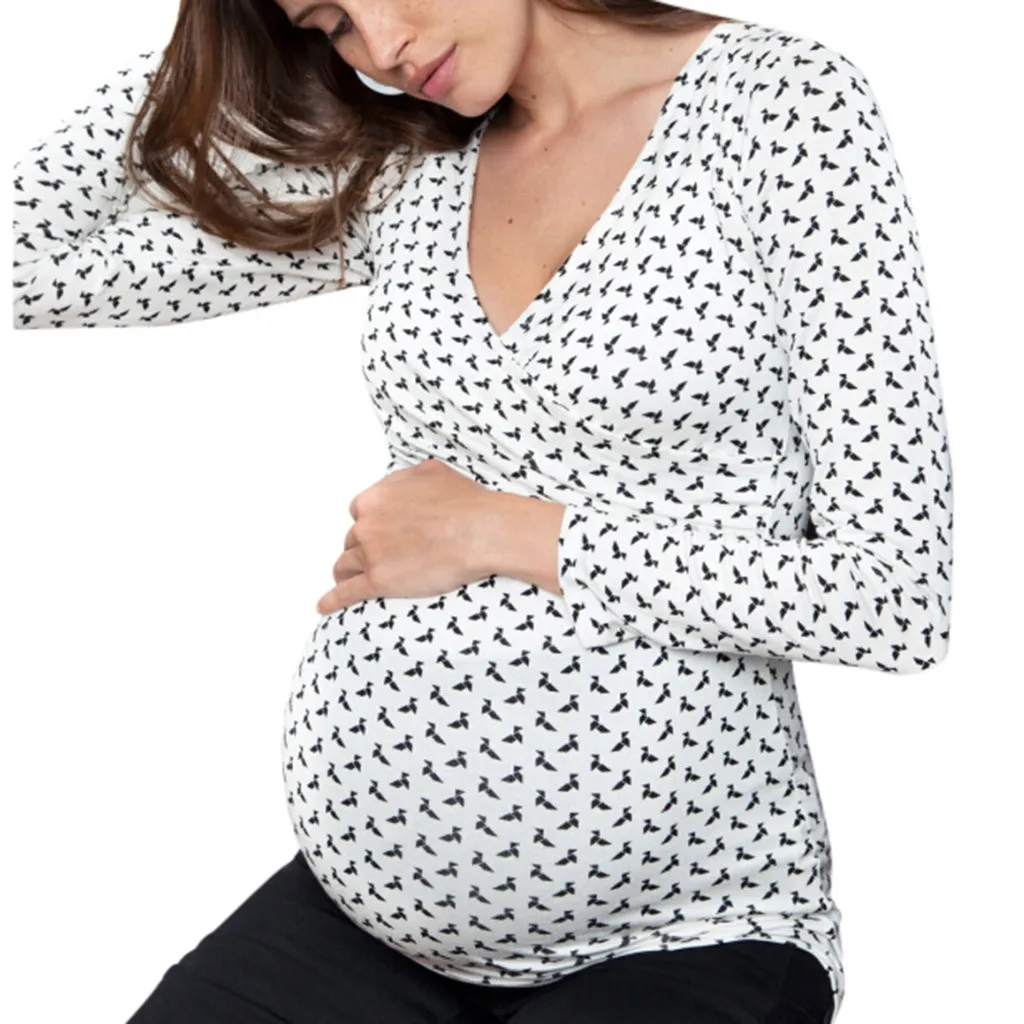 Women Maternity Blouse Fashion Pregnant Nusring Maternity Long Sleeve Ruffles Printed Dot Blouse T-Shirts Pregnancy Cloth M50