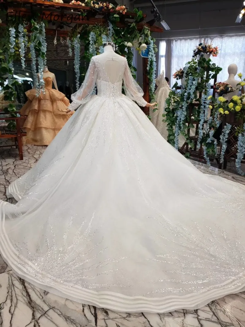 Vestidos De Novia одежда с длинным рукавом кружевные свадебные платья Элегантный с низким вырезом на спине вырез лодочкой с блестками с длинным шлейфом официальные свадебные платья, бальное платье
