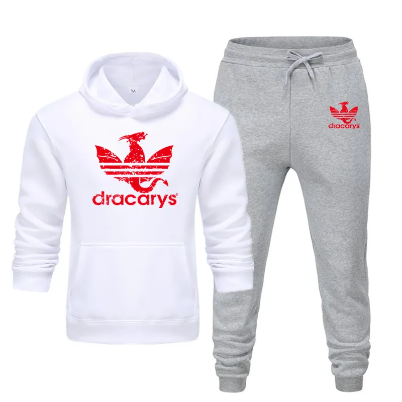 white light gray Мужские брюки спортивная одежда набор Dracarys осень зима с капюшоном толстые повседневные пробежки мужские 2 шт толстовка+ спортивные брюки набор с капюшоном - Цвет: white light gray