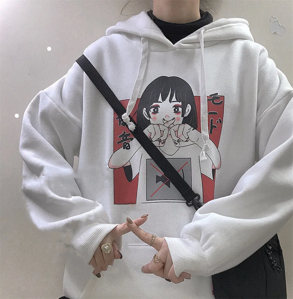 Harajuku Kawaii аниме девушка с капюшоном Толстовка японский Винтаж милый черный флис толстовка с рисунком женский объемный пуловер