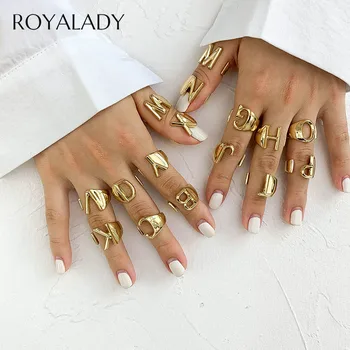 

Hollow A-Z Letter Gold Color Metal Adjustable Opening Finger Ring Initial Name Alphabet Female Party Chunky Wide Trendy Jewelry