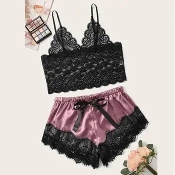 

Women Lace Satin Sleepwear Set Fashion V-Neck Solid Bowknot Sleeveless Shorts Pajamas Set Conjunto Cueca 2019 New Hot Sale 1