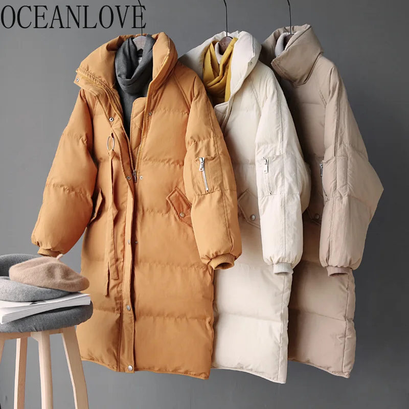 Океанlove зимняя куртка женская плотная теплая парка на молнии с пуговицами свободная корейская модная длинная куртка женская верхняя одежда 12873