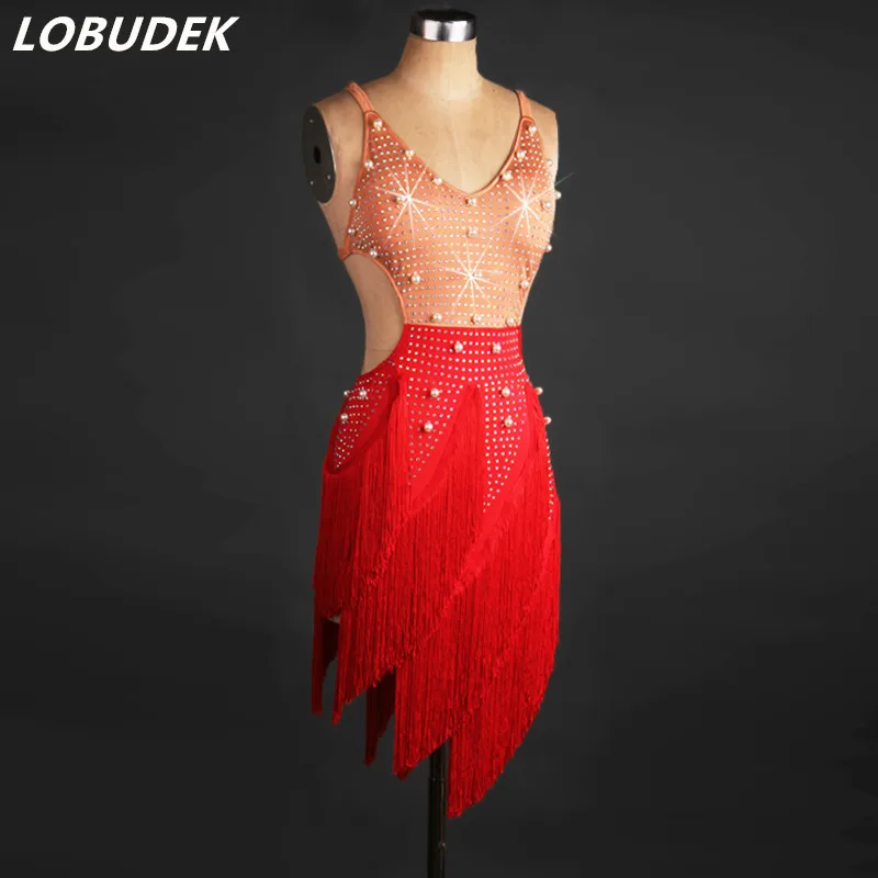 

Adult Female Latin Dance Dress Sexy Backless Red Tassels Pearls Dress Crystal One Piece Samba Dancer Stage Performance Costume