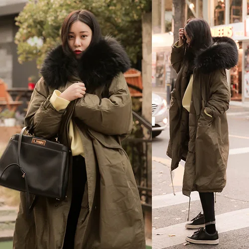 

Ultra Large Fur Collar Cotton-padded Clothes Mid-length Loose-Fit over-the-Knee Workwear Cotton Coat Waist Hugging Coat Women's
