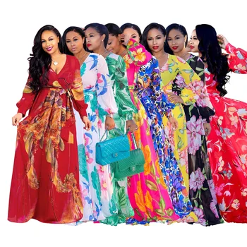 

BacklakeGirls Women's Chiffon Dress Flower Print V-neck Beach Large Size Long Dress Elegant Ladies African Dresses For Women