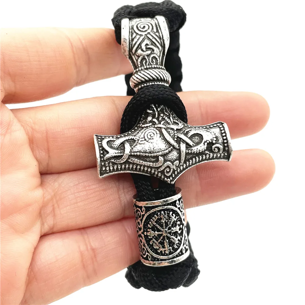Thor Hammer Mjolnir Amuleto Gioielli Paracord Nero Con Perline Bracciale Vichingo Uomo Donna Nero Venerdì Bijoux