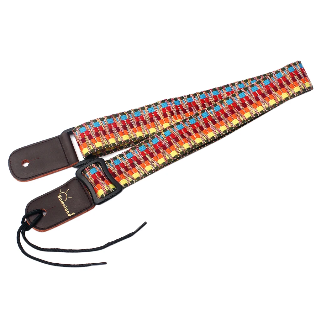 Retro Strip Design Leather Ends Guitar Strap Adjustable for Acoustic Guitar