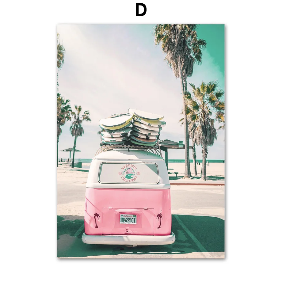 Пляж морской прибой девушка кокосовое дерево автомобиль стены Искусство Холст живопись плакаты на скандинавскую тему и принты настенные картины для гостиной домашний декор - Цвет: D