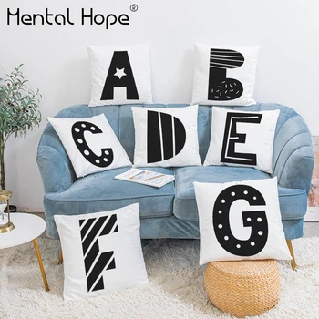 

Black Letter Printed Plush Throw Pillow Cover White Background Sofa Cushion Cover Home Decor Square Pillowcase for Chair Sofa