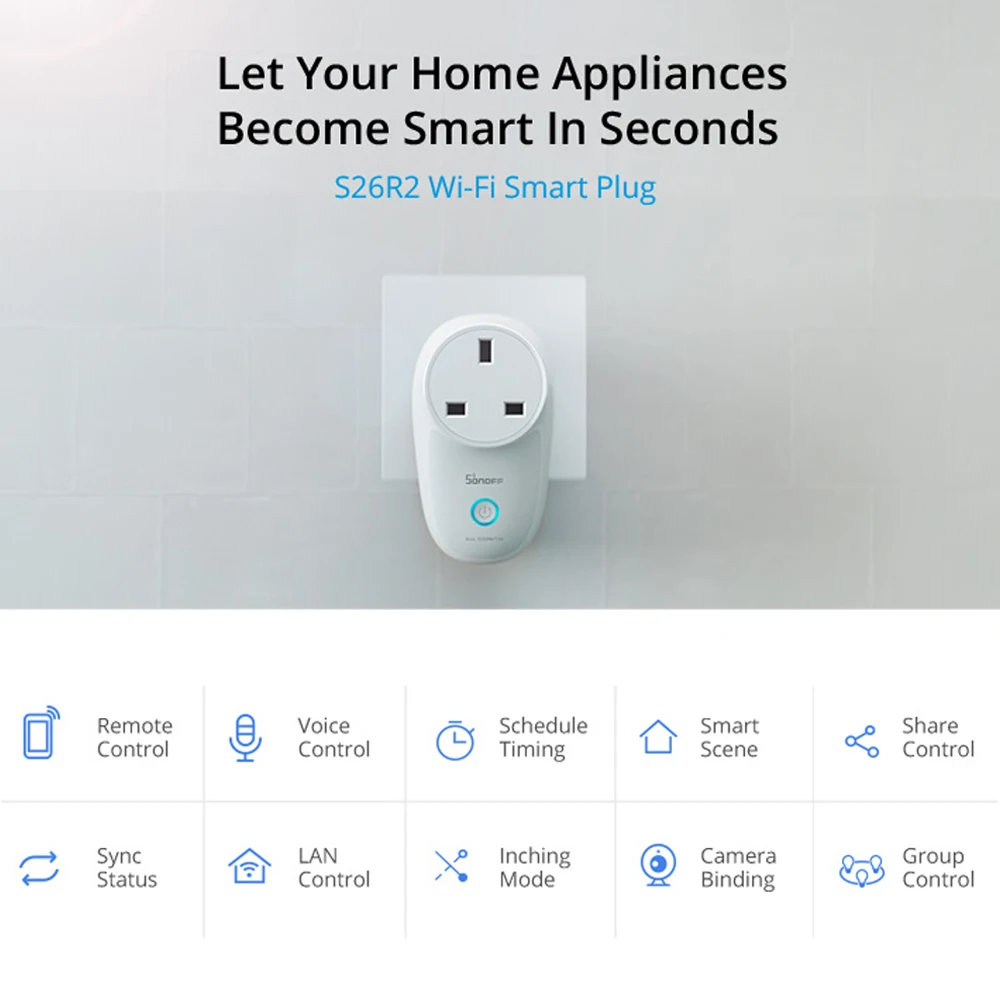 SONOFF S26R2 16A WiFi Plug Wireless Power Socket EU/UK/AU/US/BR/IT/IL/CH/CN Smart Home Switch Works with Alexa SmartThings APP