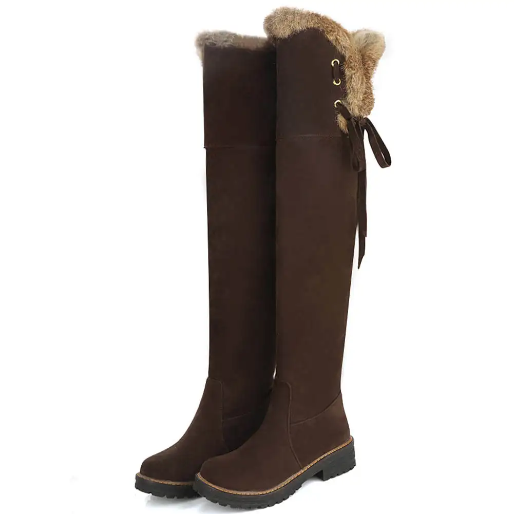 BONJOMARISA New 34-43 Elegant Fur Decorating Boots Ladies Thigh High Boots Women Med Heels Shoes Woman Over The Knee Boots
