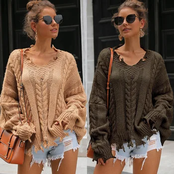 

Lugentolo Women Sweater Autumn and Winter New Solid Color Loose Irregular Knitting Twist Pullovers Streetwear