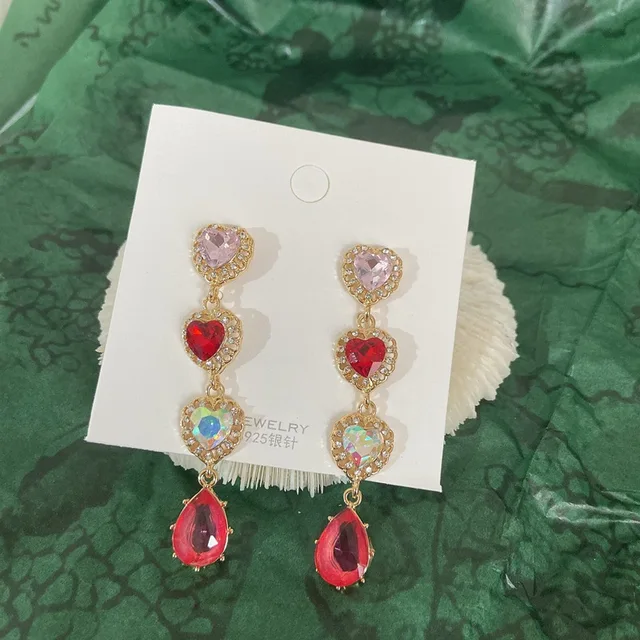Women colorful crystal heart earrings retro elegant female earrings fashion and shiny jewelry gold color