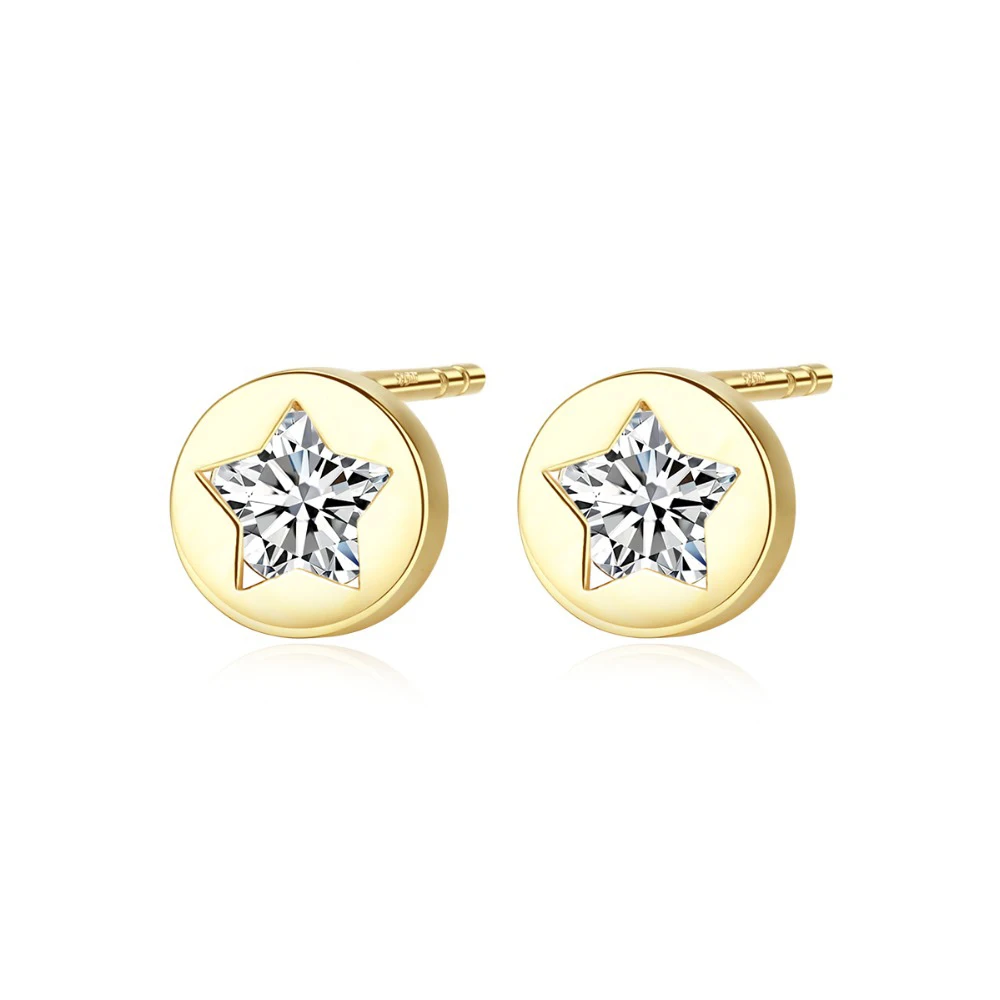 

New Genuine 14K Gold Small Stud Earrings for Women Cute Star Cubic Zircon Yellow Gold Earrings Yellow Gold Jewelry Carving Au585