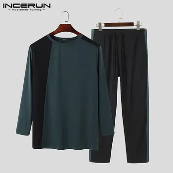 

INCERUN Men Fashion Patchwork Pajamas Sets Long Sleeve O Neck Top Drawstring Pants Sleepwear 2 Pieces Leisure Cozy Homewear Suit