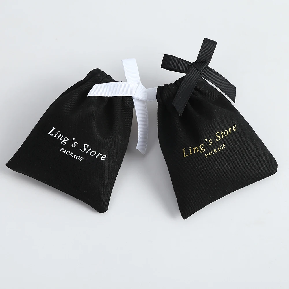 50pcs Jewelry Packaging Black Cotton Canvas Pouch Bags Custom Drawstring Bags Personalized Logo Printed Jewelry Package Gift Bag