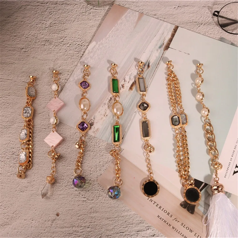 New Retro Gemstone Pearl Mobile Phone Lanyard DIY Gold Cell Shell Strap Metal Chain Bracelet Case Hanging Cord for Women | Мобильные
