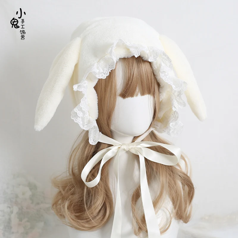 

Japanese sweet loppy eared rabbit lei feng's cap lace lolita earmuffs cap joker fluffy warm winter hats